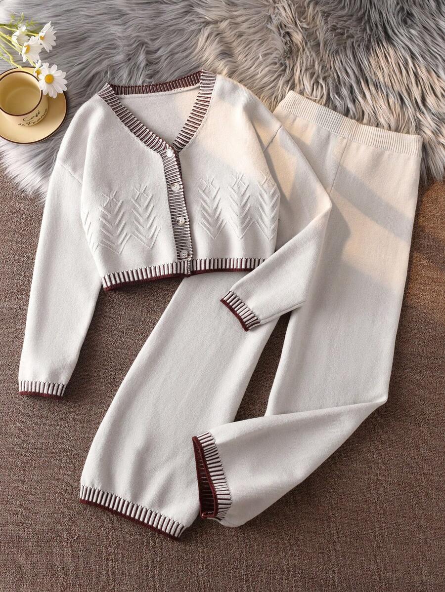 2pcs Girls Classic White Knit Cardigan & Striped Pants Suit Set,Versatile Casual Outfit For Autumn/Winter,Holiday,Back-To-School Tween Matching Sets - Beige - View 1