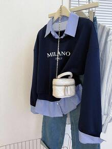 SHEIN 女式字母条纹印花休闲长袖套头衫 - 藏蓝色 - 查看 5