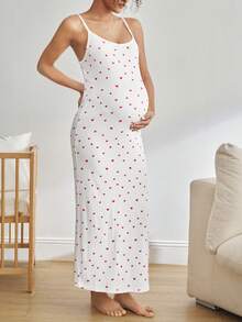 Moonlight&Mama Váy maxi cho con bú họa tiết gân tối giản thoải mái, đồ ngủ cho bà bầu, thời trang thu sang trọng - Đỏ và trắng - Xem 4