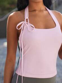 Eassivo Eassivo Women's Pink Adjustable Halter Loose Fit Backless Casual Comfortable Waist Drawstring Sports Top, Spring/Summer - Pink - View 4