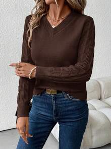 SHEIN Clasi Sweater Lengan Panjang Leher V Wanita, Atasan Lengan Panjang untuk Musim Gugur/Dingin, Pakaian Musim Gugur untuk Wanita - Mocha Brown - View 6