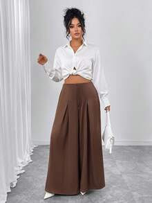 Gloray Plus Size Women Casual Wide Leg Pants, Autumn - Brown - View 3
