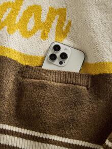 ROMWE MEN Prep Men's Stand Collar Letter Jacquard Zip-Up Cardigan, Winter - Khaki - View 5