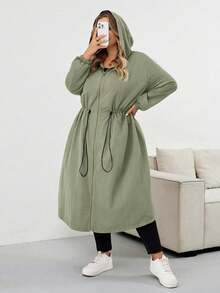 SHEIN CURVE+ 女式纯色抽绳连帽防水长袖风衣加大码连帽夹克加大码雨衣 Curve 秋季夹克 8xl 女装加大码橄榄绿夹克女装秋装、冬季、CURVE PLUS 秋冬 - 薄荷綠 - 查看 7