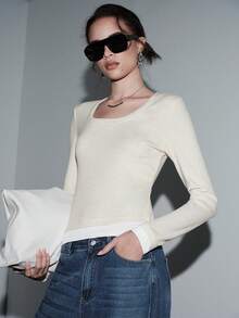 Lumivelle Áo thun tay dài 2 trong 1 thường ngày đi làm mùa thu - Màu be - Xem 7