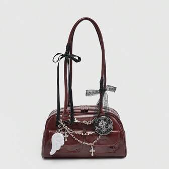 Kawaii Borsa a spalla vintage e carina da donna con motivo a quadri, decorazione con fiocco, ciliegie e cuori, borsa Boston multitasche, adatta per scuola, strada e stile giapponese