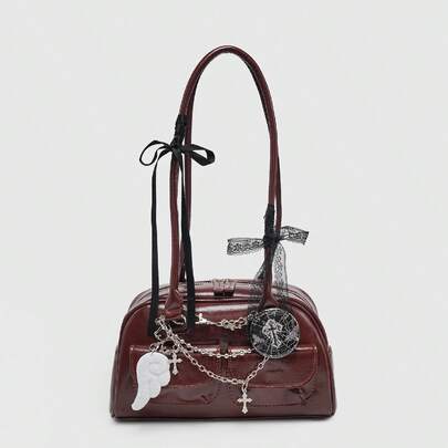 Kawaii Bolso de hombro de mujer con estilo vintage y lindo, con cuadros, decoración de lazo, cereza y corazón, bolso de Boston con múltiples bolsillos, para la escuela, la calle y el estilo japonés para mujeres