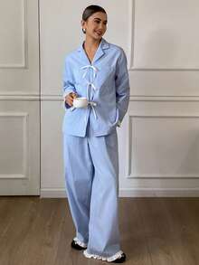 DAZY Conjunto de pijama de mujer con volantes y moño en contraste de colores, ropa de invierno - Azul - Ver 5