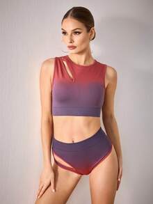 Menodora SHEIN Sport Women's Tie-Dye Print Hollow-Out Tank Top And Hollow-Out Design Bikini Bottoms Sports Set - Red Violet - View 5