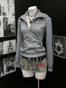 EgrlEra 女士 Baddie 风格复古朋克拉链纯色加厚卫衣，灰色，摇滚明星 - 灰色 - 查看 5