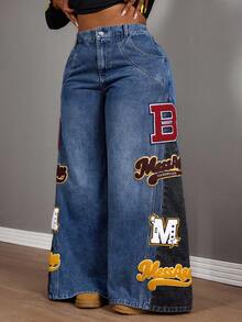 Slaydiva Winter Plus Size Women's Loose Fit Distressed Embroidered Patchwork Design Washed Denim Wide Leg Jeans - Medium Wash - View 6