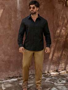 Manfinity Homme 男士成熟度假亚麻混纺长袖衬衫 - 黑色 - 查看 5