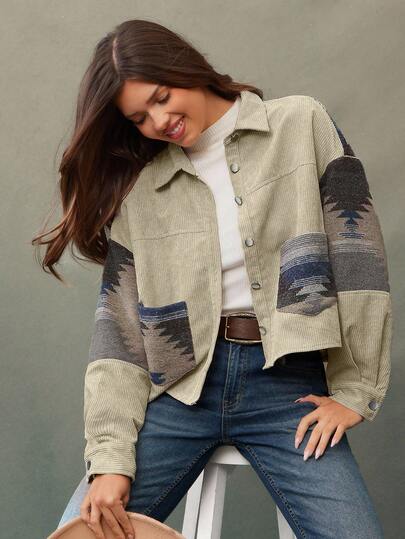 WESTFADE Chaqueta de camisa corta de estilo mixto de pana y jacquard, uso casual, estilo occidental lindo para mujeres, otoño, invierno, bohemio