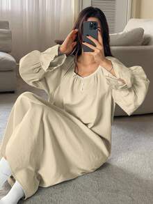 DAZY 花卉蕾丝拼接褶皱领灯笼袖宽松长款睡裙，女士冬季款，宽松睡衣 - 卡其色 - 查看 5