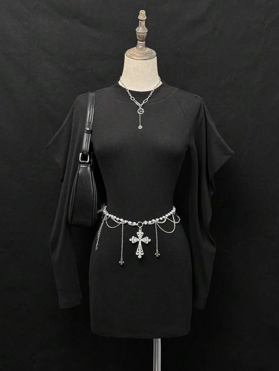 SHEIN Unity Women's Ribbed Knit Bodycon Mini Dress With Cutout Shoulder, Fitted Waist, Autumn/Spring - Black - View 1