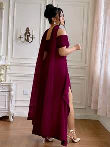 Roveilla Đầm hở lưng hở vai xẻ tà sang trọng, thanh lịch, lãng mạn, dự tiệc cỡ lớn dành cho nữ, thích hợp mặc đi tiệc và mặc hàng ngày - Màu đỏ tím - Xem 2