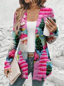 SHEIN LUNE Cárdigan de mujer casual y acogedor para uso diario y de commute, con estampado de Papá Noel y textura de piel sintética en rosa, verde y azul, de corte holgado y de manga larga con bolsillos, cómodo para otoño/invierno