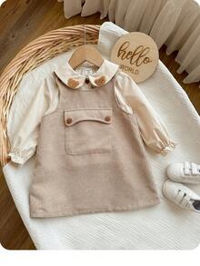 2 件套可爱女婴休闲运动学院风拼接装饰婴儿领衬衫防脱灯芯绒材质吊带连衣裙适合生日派对、晚会、表演、婚礼、洗礼、适合日常使用、适合旅行、适合秋冬季 - 卡其色 - 查看 4