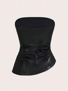 SHEIN Tall Women's Solid Color Pleated Asymmetric Hem Bustier PU Leather Top,Black Top