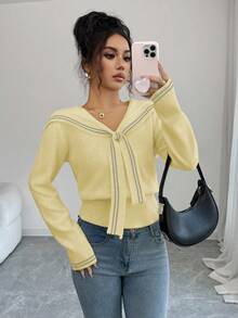 Selianne Áo len cổ thủy thủ viền màu đơn giản, Thu/Đông - Vàng nhạt - Xem 3