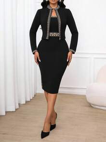 SHEIN Lady 大码复古优雅常规肩长袖上衣和修身连衣裙两件套 - 黑色 - 查看 8