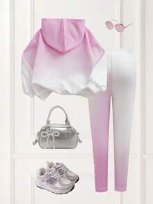 HELLO KITTY AND FRIENDS | SHEIN 小女孩可爱渐变卡通图案连帽衫和运动裤套装，秋季