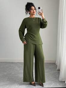 Elenzga Set di camicia verde militare a collo tondo in tessuto grinzoso con vita stretta e pantaloni larghi a vita elastica con tasche, stile vintage francese elegante, minimalista, casual per autunno/inverno, nuovo arrivo per il Ringraziamento, taglie forti - Verde militare - Visualizzare 6
