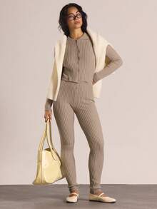 MUSERA Collard Button Through Detail Long Sleeve Ribbed Knit Jumpsuit Autumn Winter Knitwear Casual Going Out Everyday Night Out Sexy Cute Cosy Thanksgiving  New Year - Khaki - View 5