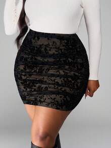 SHEIN PETITE CURVE Plus-Size Ladies' Elegant Skirts,Beige,Autumn,Date Night,Wedding Guest,Lace Sheer Bodycon Ruched Mini Skirt,Floral Mesh Rave Festival Concert Women - Black - View 3