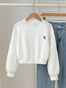 Tween Girls Thick Embroidered Logo Crew Neck Dropped Shoulder Loose Cropped Knit Sweater, Soft & Comfortable, Suitable For Daily, Outdoor, Travel, Vacation, Home, DayTween Girl, And Kids Play Wear Youth Sweaters Girl Sweater Cropped Sweater Cute Plain Sweatshirts For Teens Summer Clothes For Teens Sweater Girl Jumper - Beige - View 8