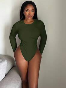 Alexandranx Bodysuit Wanita Slim Fit Polos untuk Musim Semi, Wanita Bertubuh Mungil - Hijau Tentara - View 4