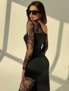 Aloruh Elegant Romantic Date Night Party Contrast Lace Asymmetric Hem Bodycon Long Dress, Black Long Sleeve Strapless, Suitable For Party, Nightclub, Cocktail,Dresses For Women Elegant,New Year Dress ,Elegant Party Dresses,Dresses For Women Elegant,Dresses For Women Elegant,Black Dress - Black - View 3