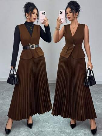Elenzga Elegant Women's 2-Piece Set In Deep Brown Tones, Featuring A Sleeveless Blazer And A High-Waisted Pleated Midi Skirt. The Blazer Is Made Of Premium Suiting Fabric With No Stretch. Suitable For Autumn, Winter, Spring, Parties, Banquets, Gatherings, Casual Business, Commuting To Work, And Various Occasions.