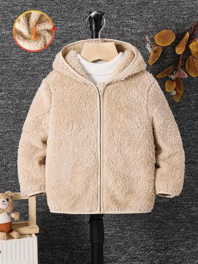 SHEIN Young Boy Casual Hooded Fleece Jacket, Suitable For Thanksgiving, Christmas, Winter
