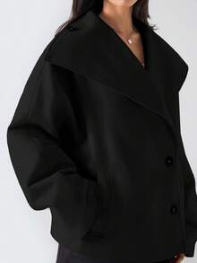 LYSMO 女士纯色长袖单排扣休闲宽松常规外套，秋冬款 - 黑色 - 查看 4