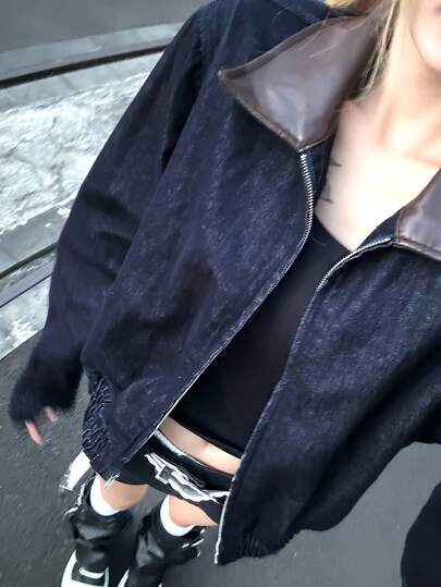 DAZY 女式拼色拉链休闲牛仔夹克，长袖