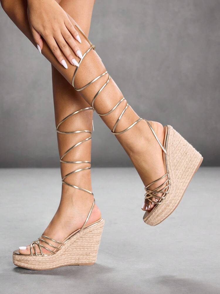 CUCCOO SZL Women's Fashion Gold Slim Strap Combination Lace-Up Rope Sole Wedge Sandals, Suitable For Commuting,Dating,Party,Holiday Spring Shoes