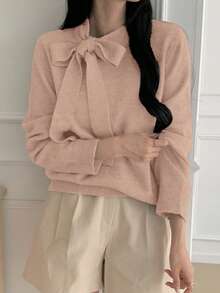 DAZY Áo len thắt nơ trơn màu đơn giản mới về cho nữ, mùa thu - Màu Hồng baby - Xem 2