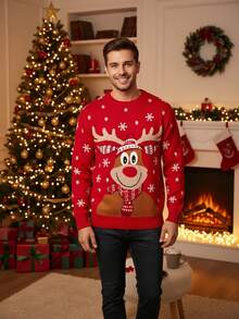 SHEIN Men's Red Base Christmas Reindeer Pattern Crew Neck Long Sleeve Sweater, For Winter - Red - View 4