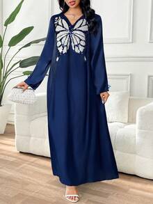 Yasmyna 女士优雅V领长袖阿拉伯连衣裙，饰有蝴蝶亮片图案 - 藏蓝色 - 查看 6