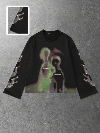 Street Life T-shirt à manches longues avec impression de portrait flou pour hommes, coupe ample et courte