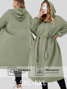 SHEIN CURVE+ 女式纯色抽绳连帽防水长袖风衣加大码连帽夹克加大码雨衣 Curve 秋季夹克 8xl 女装加大码橄榄绿夹克女装秋装、冬季、CURVE PLUS 秋冬 - 薄荷綠 - 查看 1