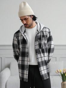 HUEFORM 男士纯棉撞色格子布拼接口袋保暖防寒连帽衫，适合居家生活和日常冬季穿着，长袖上衣 - 彩色 - 查看 5