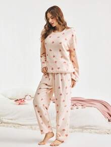 Bonmuse 两件套女士冬季抓绒睡衣套装，简约时尚如云朵般柔软的家居服套装，心形印花长袖长裤套装，可外穿