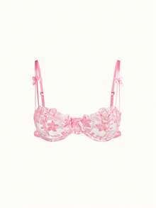 Bonmuse Bộ đồ lót ren gợi cảm thêu hoa lưới 2 mảnh cho nữ, thích hợp cho ngày lễ tình nhân Bộ đồ lót 2 mảnh cho nữ, áo ngực siêu mỏng dễ thương - Hồng - Xem 3