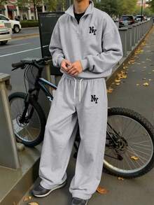 Claim Dot 男士纽约刺绣拉链领长袖休闲套头卫衣裤套装（2件套），秋季款 - 灰色 - 查看 3