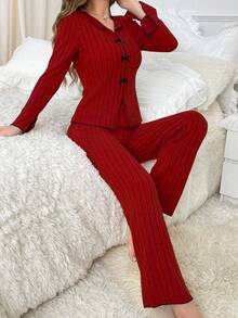 SHEIN Women's Casual Bow Decor Pajama Set Fall Winter Clothes - Burgundy - View 5
