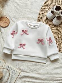 Vintaside Kids Baby Girls' Sweet White Round Neck Long Sleeve Pullover Top, Detailed With Pink Drawstring Bow, Minimalist Fitted Style, Suitable For Daily Wear, School, Birthday Party, And Family Activities - Multicolor - View 3