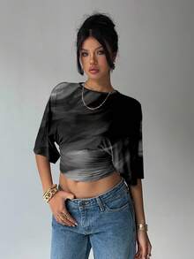 Aloruh Casual Women's Round Neck Short Sleeve Ruched Cropped T-Shirt - Dark Grey - View 7