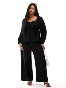 Solavibe Plus-Size Women's Black Two-Piece Set,Autumn Elegant Formal Dinner Evening Long-Sleeved V-Neck Shirt & Loose Wide-Leg Pants,Casual Office Date Outfits - Black - View 1